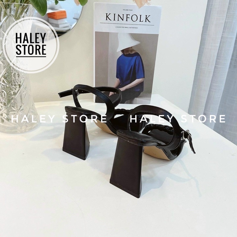 Giày sandal nữ HALEY STORE quai ngang nhún nhúm bèo gót tam giác thời trang rẻ bền đẹp phong cách tiểu thư sang trọng