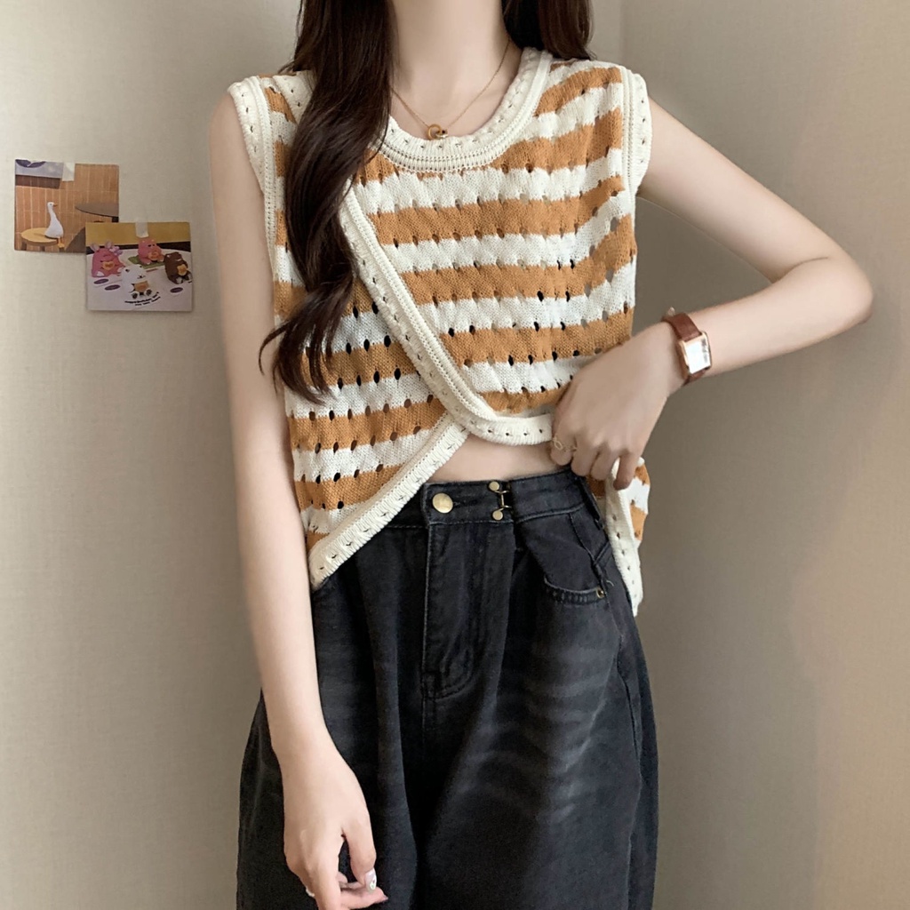 Jiashucheng Áo Sweater Sát Nách Vải Lụa Lạnh Mỏng Phối Dây Đan Chéo Thời Trang Mùa Hè Cho Nữ