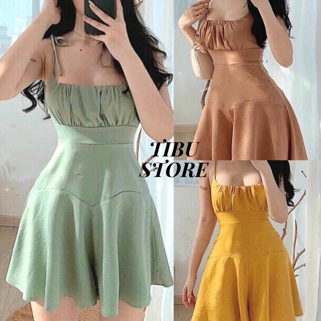 Đầm Xòe Hai Dây Xếp Ly Sexy phù hợp Đi Biển TIBU