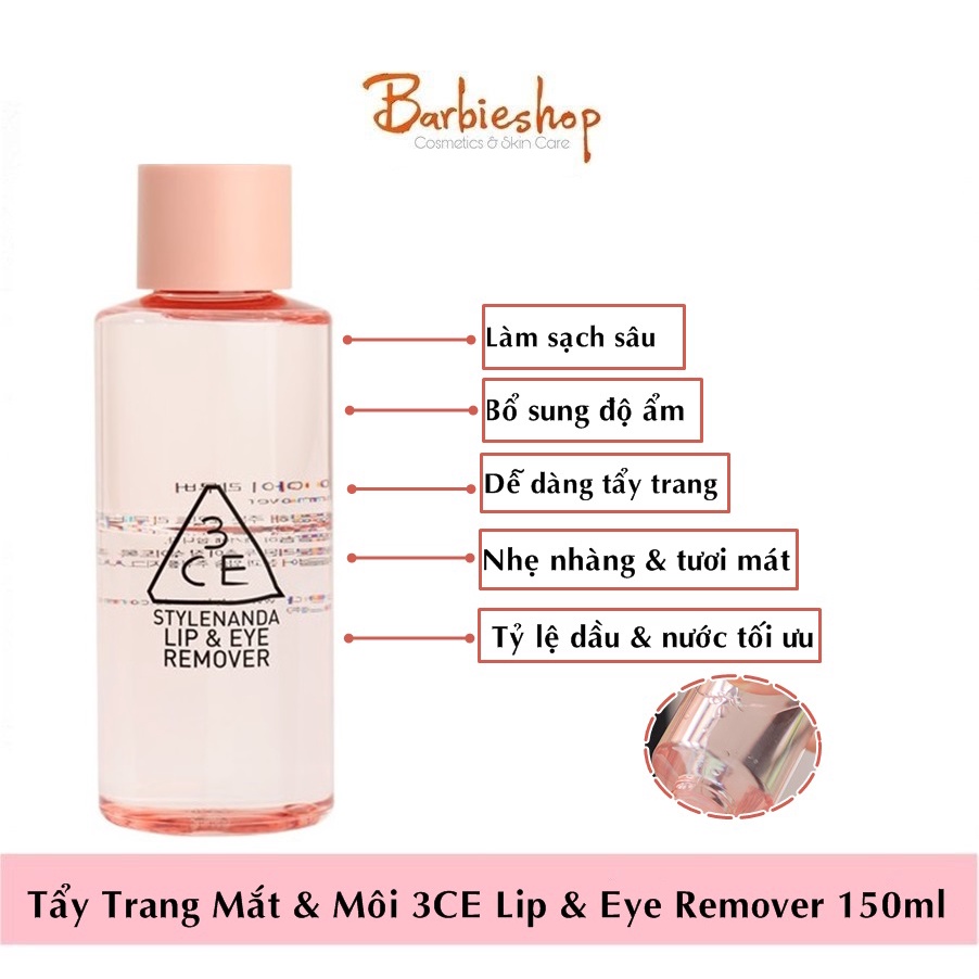 Tẩy Trang Mắt &amp; Môi 3CE Lip &amp; Eye Remover 150ml - Hồng