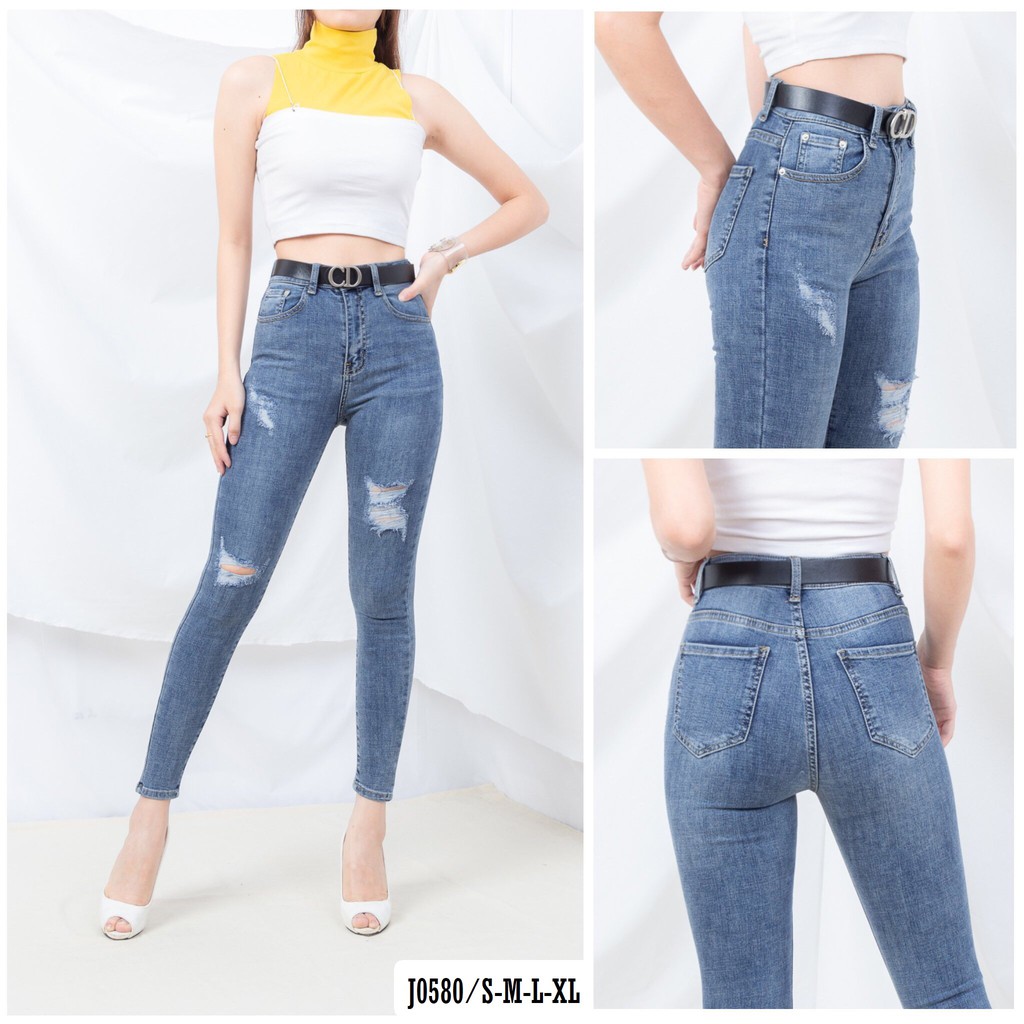 Quần Jean Nữ Ôm Lưng Cao Rách Nhẹ Kèm Thắt Lưng J0580- Jeany