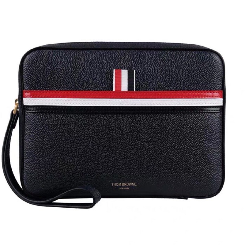 Túi xách tay nam có thể kẹp nách đường viền sọc ngang logo phối màu thom browne