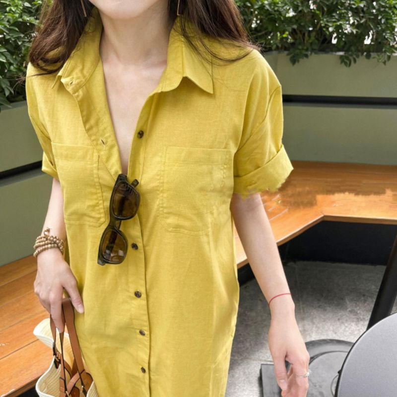 :Váy đi biển, cổ sơ mi vàng túi ngực form suông bầu bí bon chen thoải mái cho nữ LOLLAYE