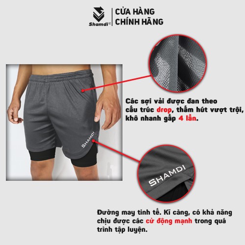 Quần đùi tập gym nam short 2 lớp SHAMDI quần short 2 lớp nam lót legging, thoải mái vận động - 1000