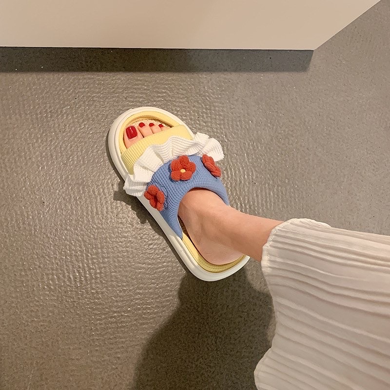 Dép cute quai ngang bông hoa, dép nữ cute đế bánh mì đế cao 3cm êm chân chống trượt