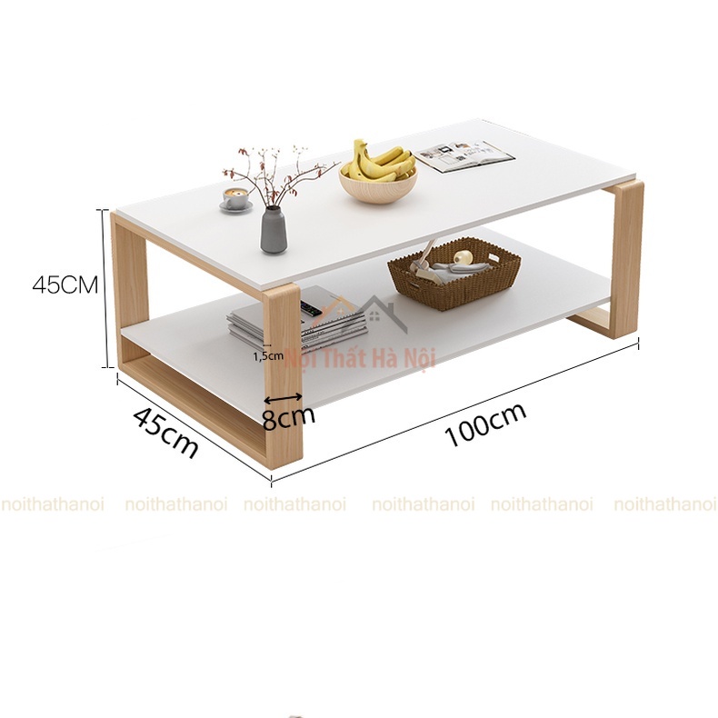 Bàn Trà Sofa 2 Tầng, Bàn Sofa Phòng Khách Phong Cách Nhật Bản, Chân Gỗ Tự Nhiên Bền Đẹp Dễ Lắp Ráp