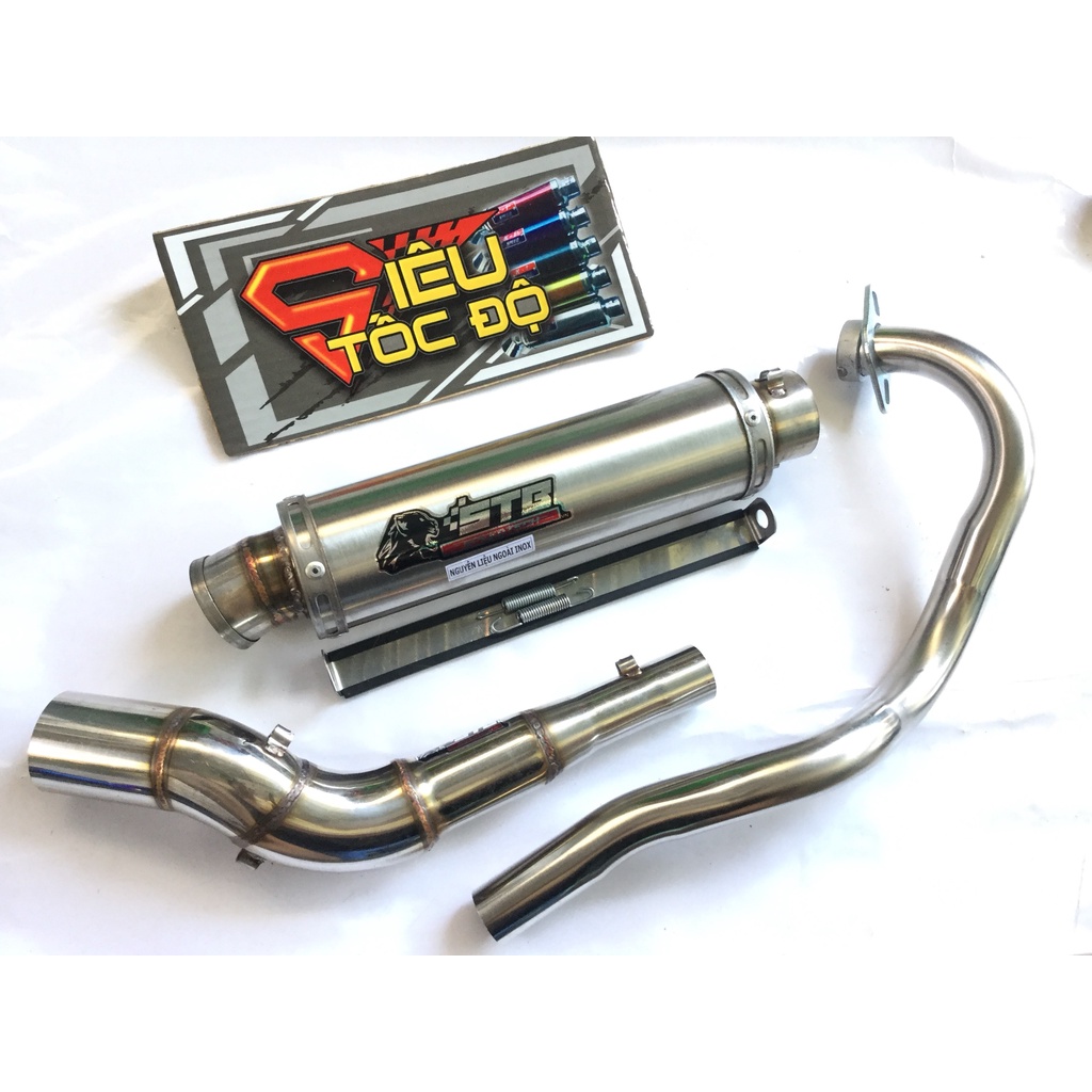 Bộ pô STB TRẮNG full cổ cong 2 khúc gắn cho nhiều loại xe