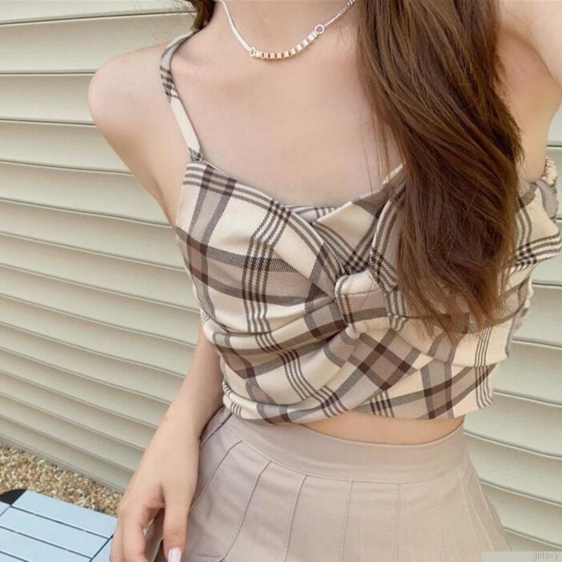 Áo croptop sát nách kẻ sọc caro đính nơ thời trang Hàn Quốc tùy chọn màu sắc dành cho nữ