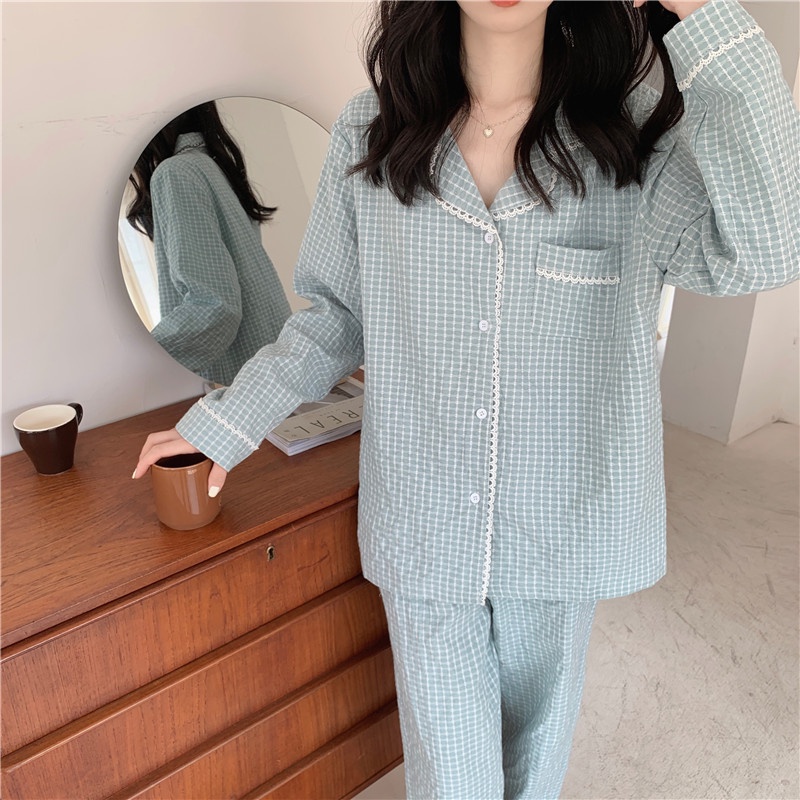 BN2_Bộ Ngủ pijama, đồ mặc nhà dài tay kẻ caro đỏ phối ren | Hàng quảng châu cao cấp