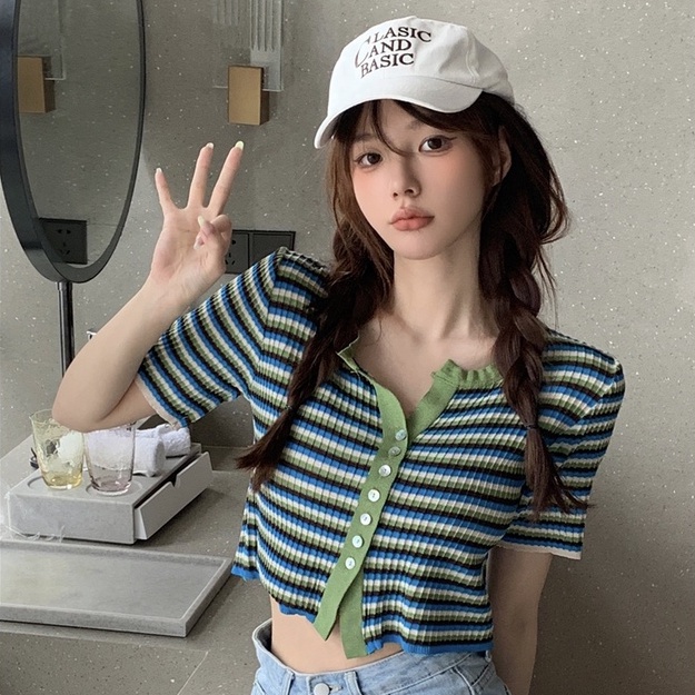 【ZHELIHANGFEI】Áo Cardigan Dệt Kim Ngắn Tay Cổ Tròn Lưng Cao Họa Tiết Kẻ Sọc