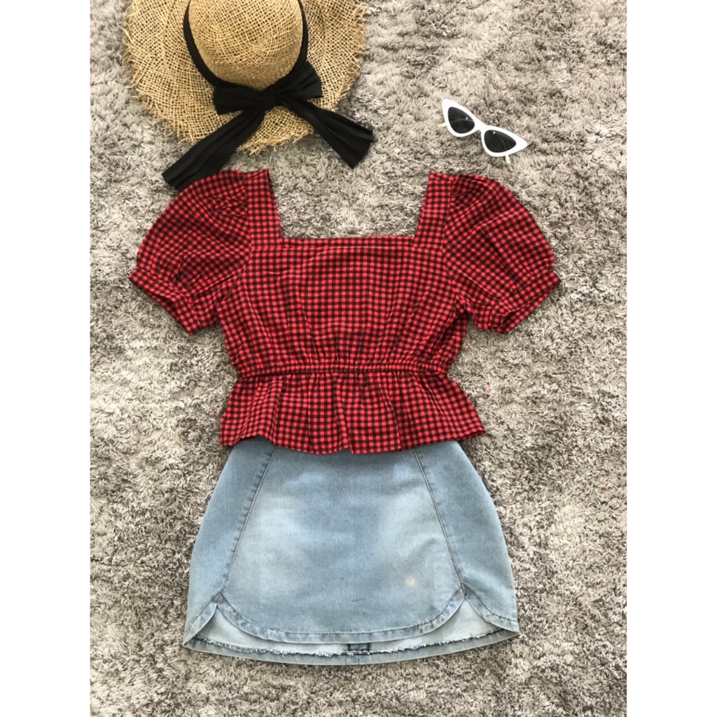 Áo croptop cổ vuông kẻ caro trẻ trung thương hiệu thời trang TK FASHION - SMKA128