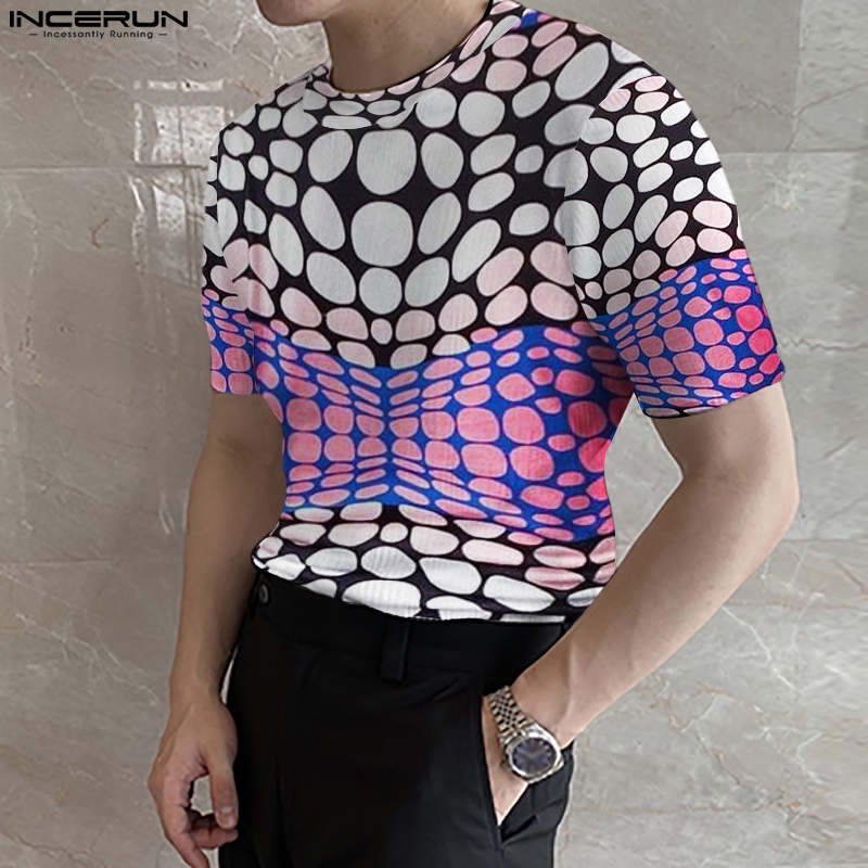 Áo thun INCERUN tay ngắn cổ tròn họa tiết chấm bi phong cách phương Tây thời trang mùa hè cho nam
