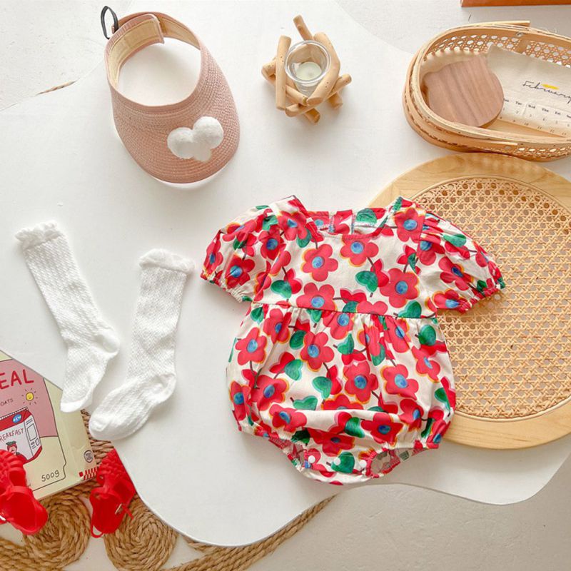 Áo Liền Quần Tam Giác Cổ Tròn In Họa Tiết Hoa Dễ Thương Cho Bé Gái