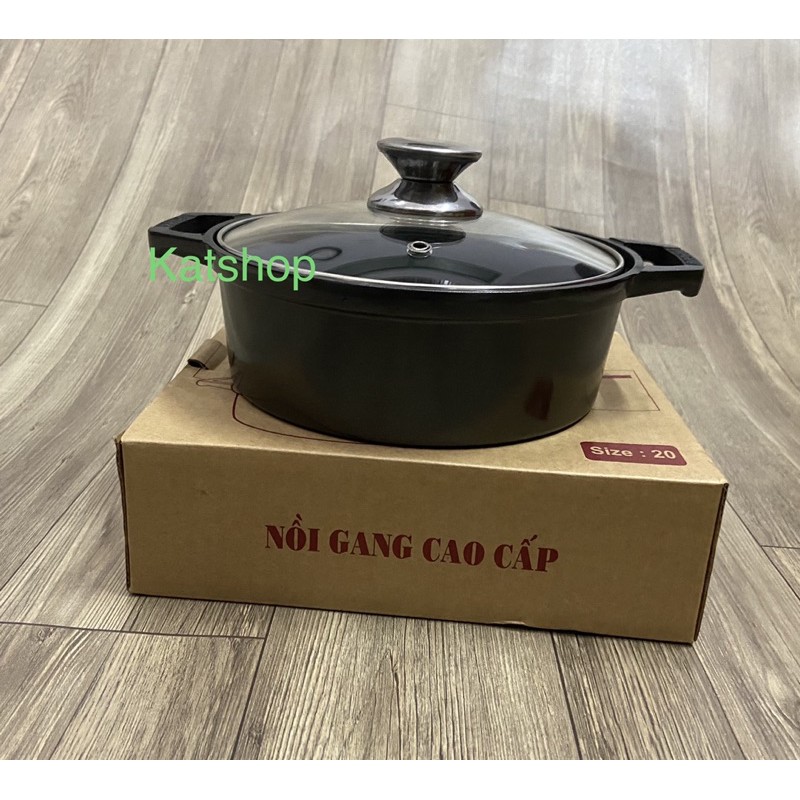 Nồi Gang Đúc ( Cast iron) Chống Dính Nắp Kính Cao Cấp Size 20-22cm