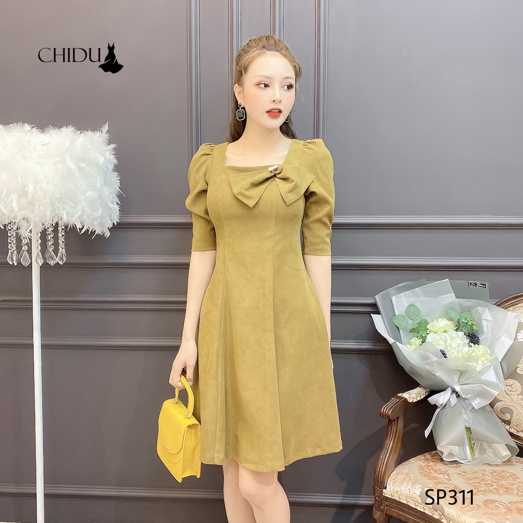 CHIDU váy nhung cổ vuông đính nơ - SP311 | BigBuy360 - bigbuy360.vn