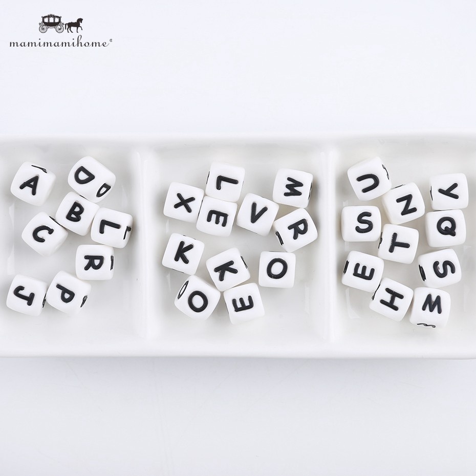 Set 26 Hạt Silicone Xâu Chuỗi 10mm / 12mm Có Chữ Cái Làm Đồ Chơi Ngậm Cắn Cho Bé