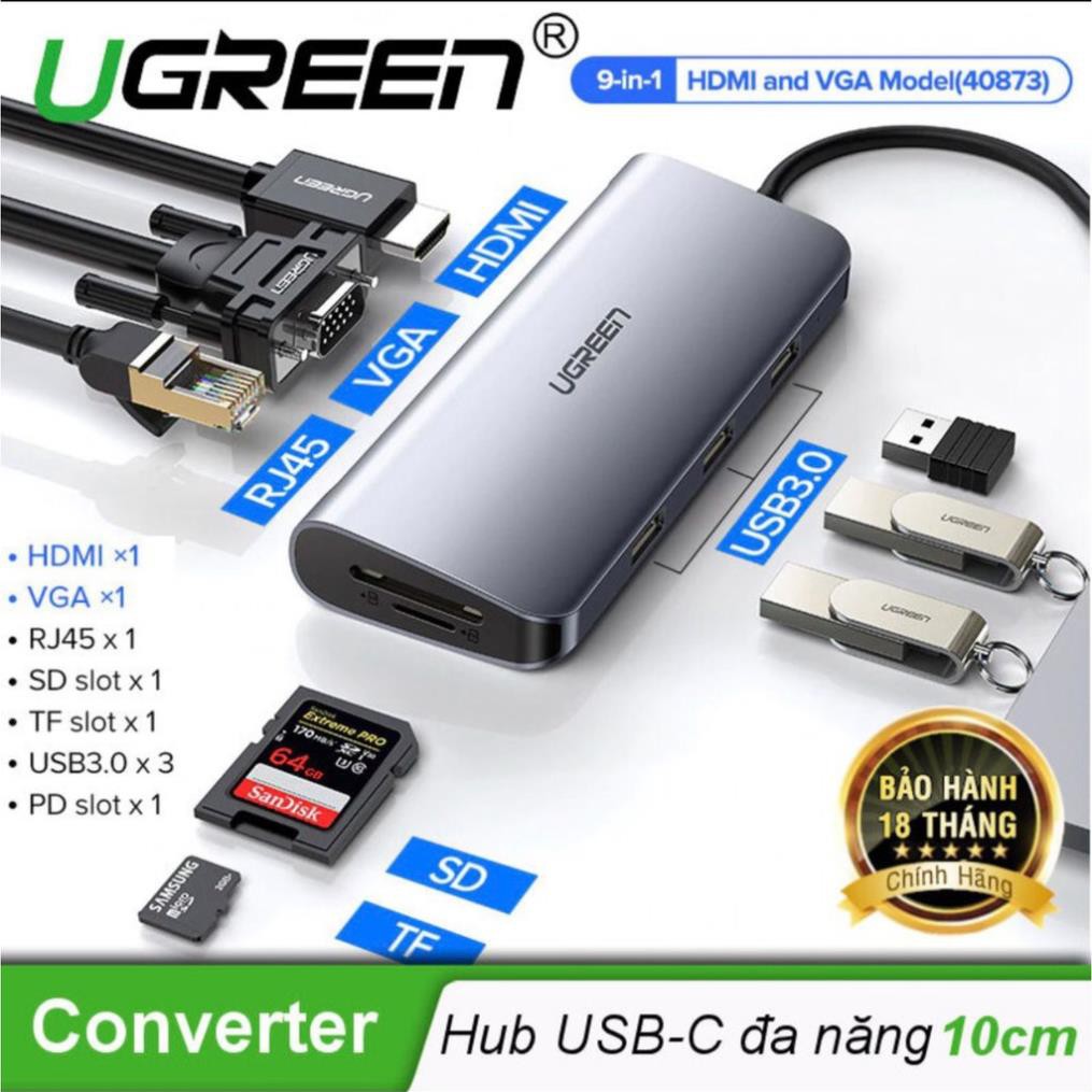 Cáp Chuyển USB Type C Sang 3xUSB 3.0+HDMI+RJ45+SD,TF Ugreen [9in1] (40873)