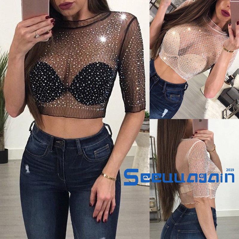 Áo Croptop Tay Lửng Phối Lưới Xuyên Thấu Đính Kim Sa Lấp Lánh Thời Trang Mùa Hè Cho Nữ