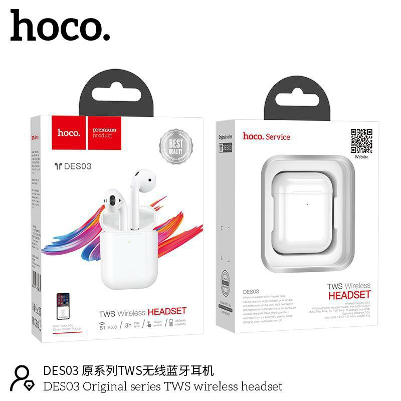 Tai nghe Bluetooth V5.0 TWS Wireless Hoco DES03 hỗ trợ định vị, đổi tên, dung lượng 350mAh - Bh 12 tháng