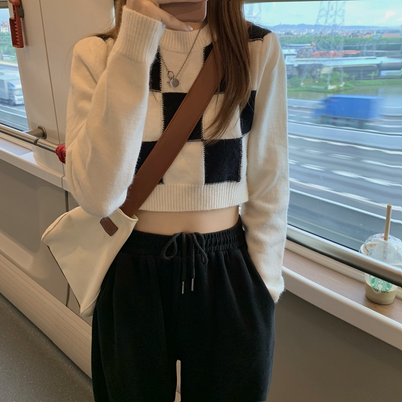 Áo Len Dệt Kim 173063Áo Thun Cổ Tròn Màu Trắng Đen Họa Tiết Sọc Caro Phong Cách Phương Tây