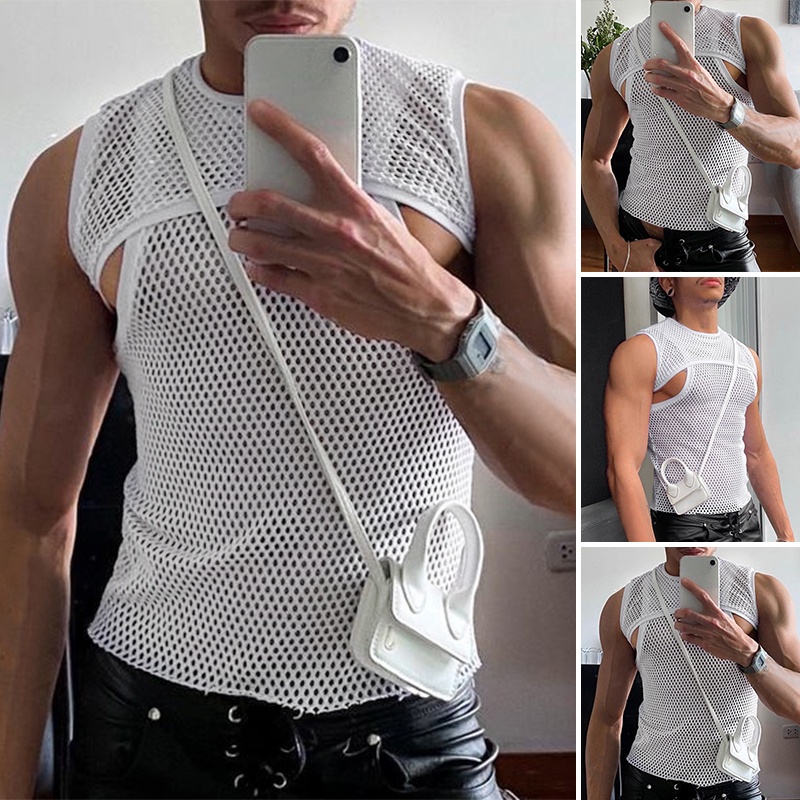 Áo Ba Lỗ Nam Phối Lưới Xuyên Thấu Size S-5XL
