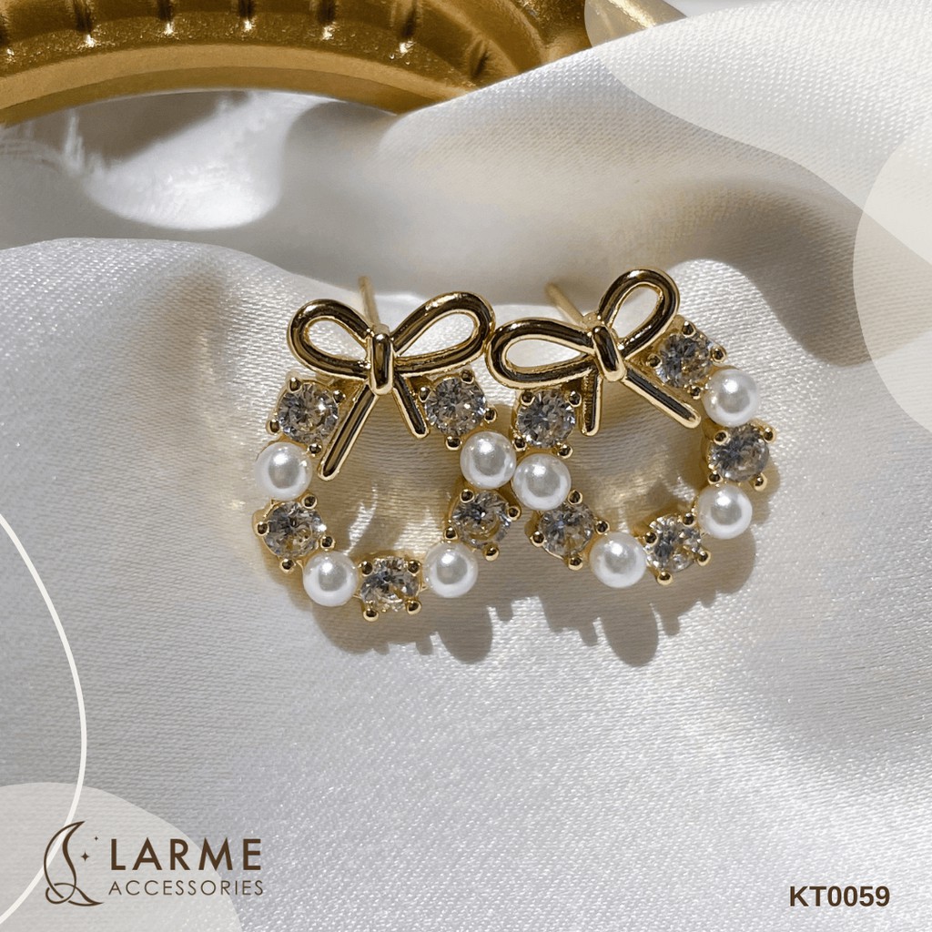 Bông tai, khuyên tai hoạ tiết nơ xinh xắn và ngọc nhân tạo Larme Accessories - KT0059