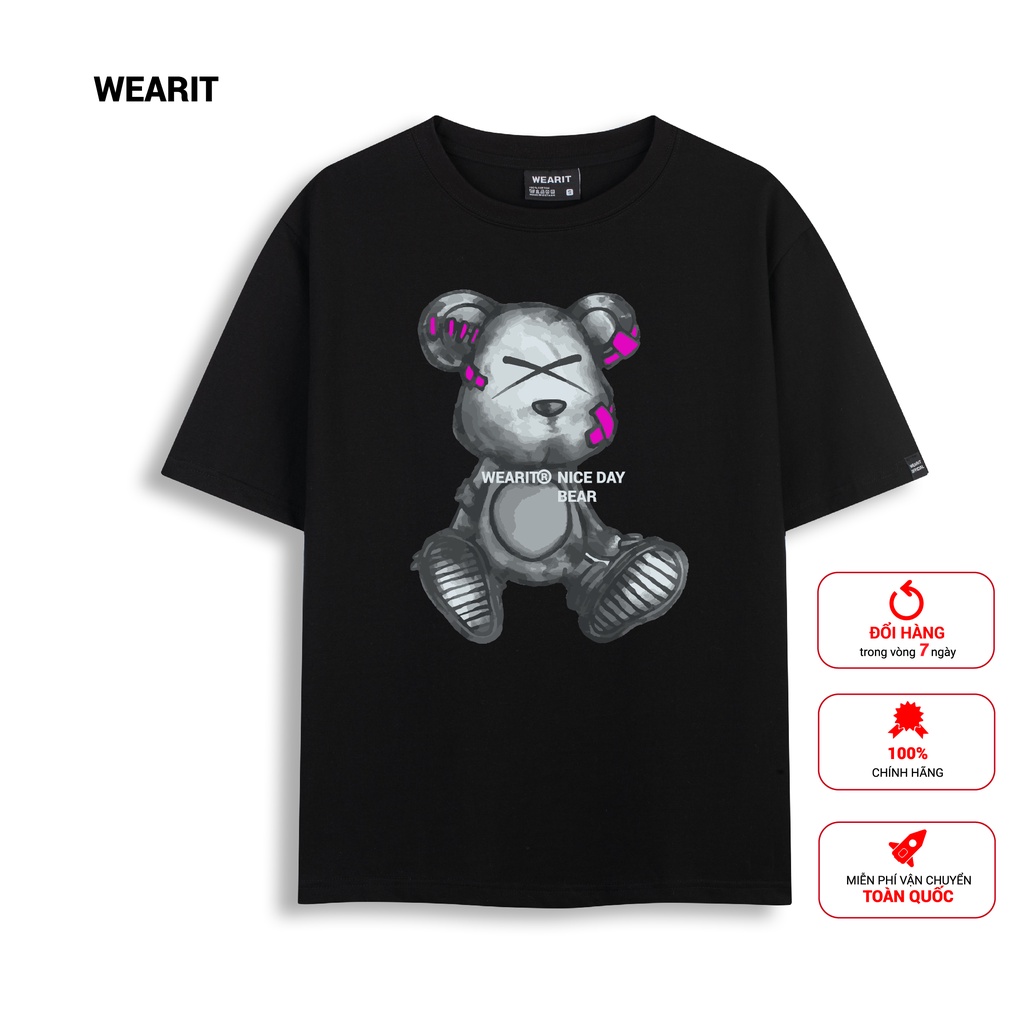 Áo thun tay lỡ WEARIT phông cotton rộng kiểu dáng thun unisex nam nữ co dãn 4 chiều Gấu xám