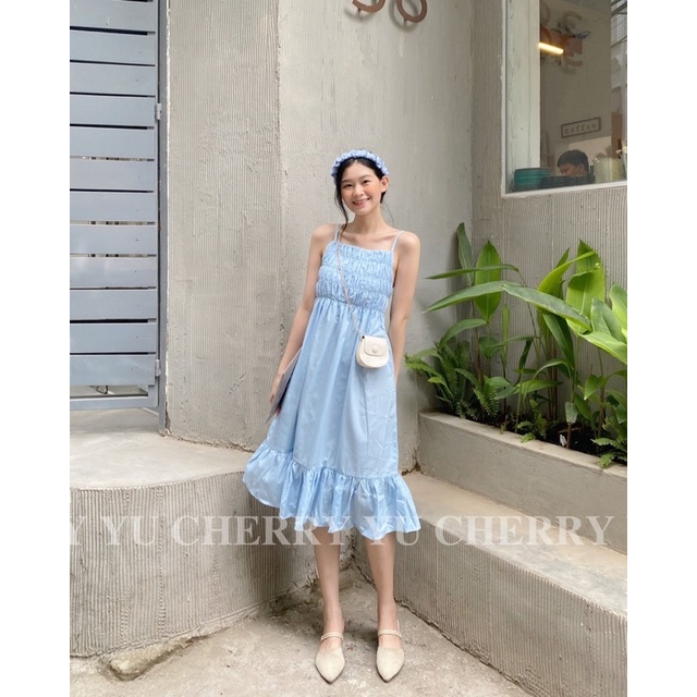 YU CHERRY | Đầm hai dây nữ nhún ngực, có dây điều chỉnh, Shirred Cotton Cami Dress YD157