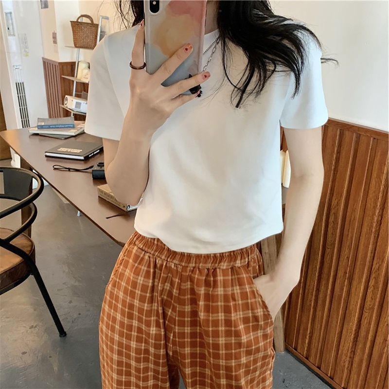 Áo Thun Croptop Tay Ngắn Màu Trơn Thời Trang Mùa Hè Xinh Xắn Cho Nữ