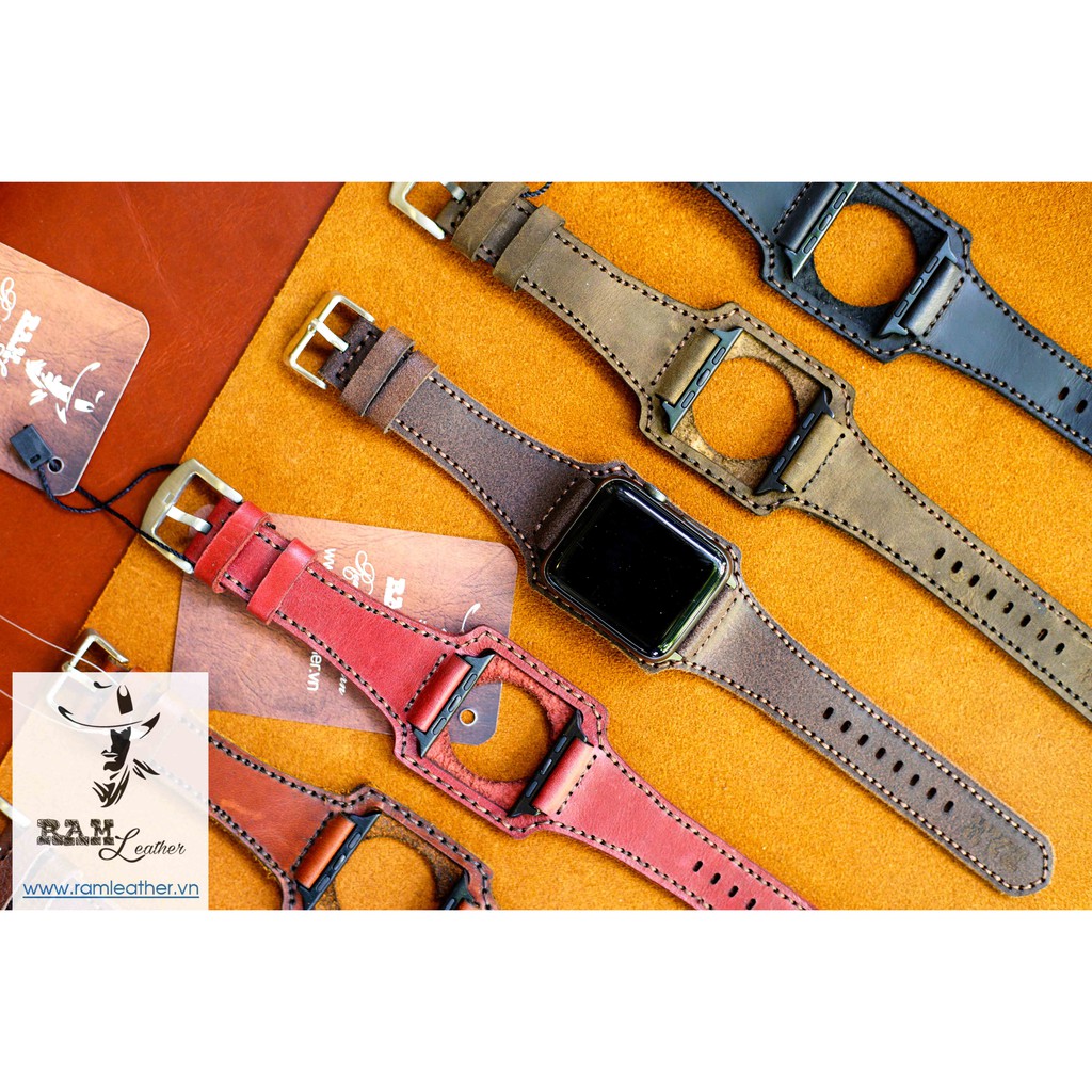 Dây đồng hồ Apple Watch , Iwatch , Iphone Watch Da Bò Thật Kiểu Quân Đội RAM Leather BX  Bền Đẹp