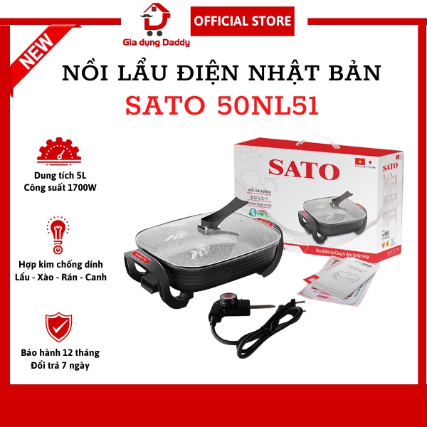 Nồi lẩu điện SATO 50NL51 Dung tích 5L, Công suất 1700W, Nồi lẩu điện đa năng sản xuất Việt Nam, Bảo hành 12 tháng