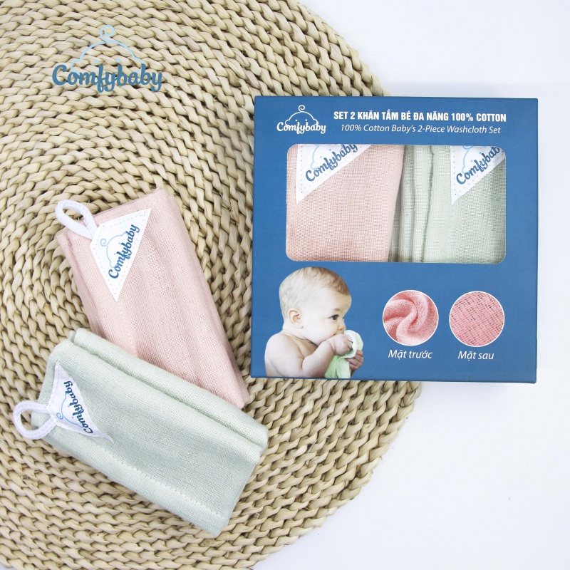 Set 2 khăn mặt - khăn tắm cho bé 100% Cotton cao cấp Comfybaby CF0121