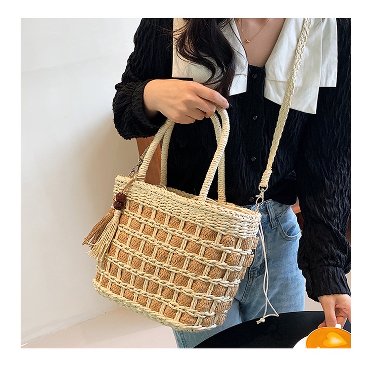Túi Xách JASMIN NOIR Bucket Đan Cói Phối Tua Rua Thời Trang Bốn Mùa Mới 2022 Dành Cho Nữ