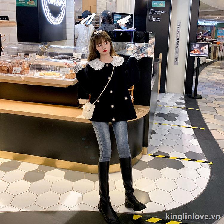 ❤Nước hoa quà tặng❤Đen Áo Khoác Cardigan Tay Dài Dáng Rộng Phối Ren Thời Trang Cho Nữ