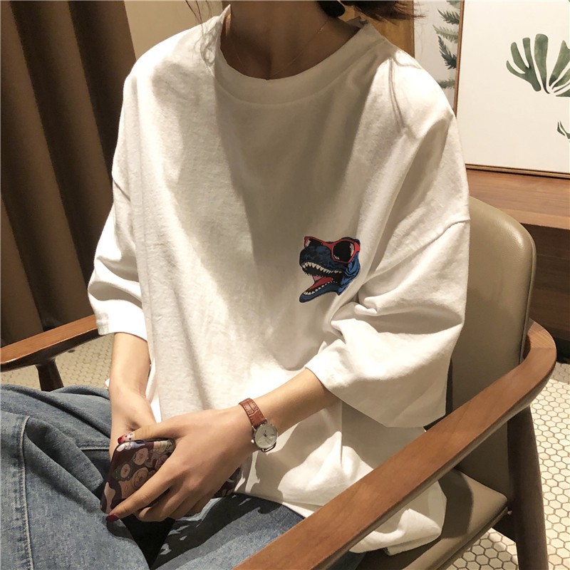 Áo thun tay lỡ form rộng ulzzang in khủng long freesize nam nữ UNISEX