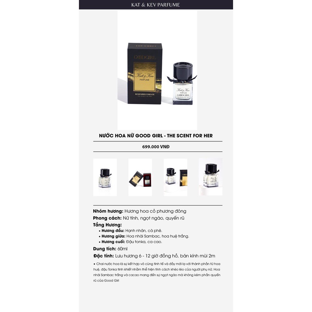 Nước hoa nữ Good Girl Kat &amp; Kev Parfume The Scent For Her / Dầu thơm nữ hương thơm tự nhiên, ngọt ngào (Chai 60ml)