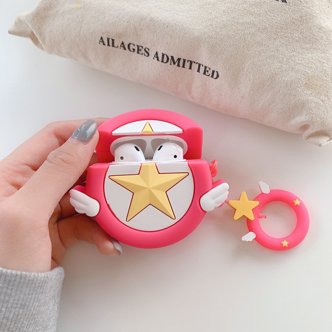 Lilyrose Store/ #Pink Star Airpods Case Sailor #oon Pentagram Airpods 1/2 Case Bluetooth Headset Anti-fall Silicone Soft Protection Case Headset Case With Lanyard