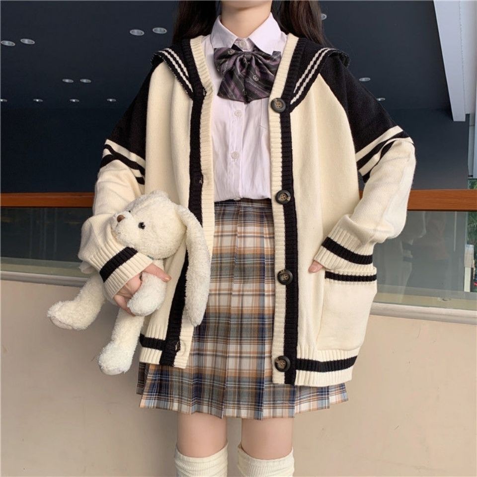 Áo Khoác Cardigan Dệt Kim Dáng Rộng Cổ Thủy Thủ Xinh Xắn Cho Nữ