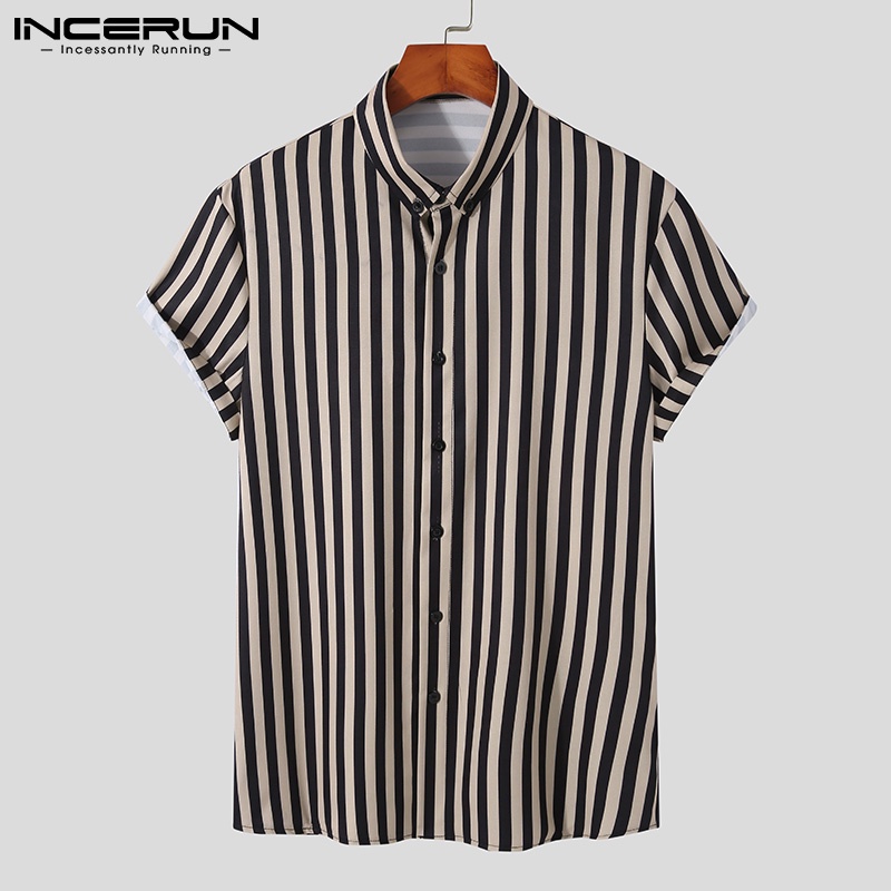 Áo sơ mi Incerun tay ngắn dáng rộng kẻ sọc cài nút 3 màu thời trang cho nam