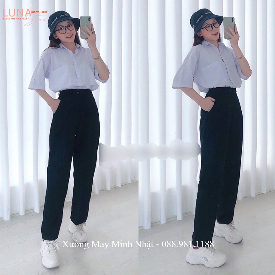 Quần tây đi học nữ lưng cao cạp có đai nịt dáng dài màu Đen Xanh - Quần vải baggy học sinh nữ cấp 3 2 đi học làm công sở