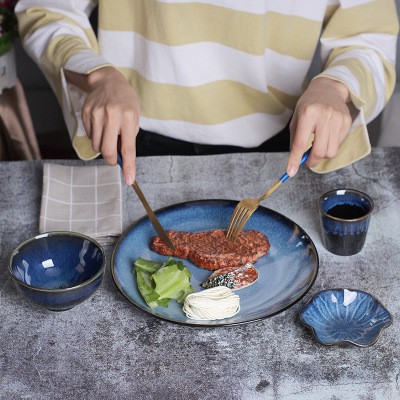 Đĩa phẳng men lam biếc phong cách Nhật 2 size 25 cm và 20 cm cao cấp