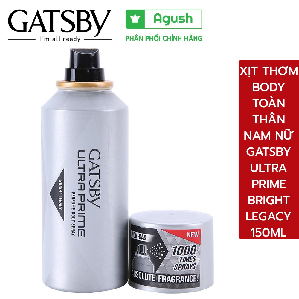 Xịt thơm body mist nam nước hoa chính hãng Gatsby Ultra Prime Perfume Body Spray Bright Legacy chai 150ml lưu hương lâu