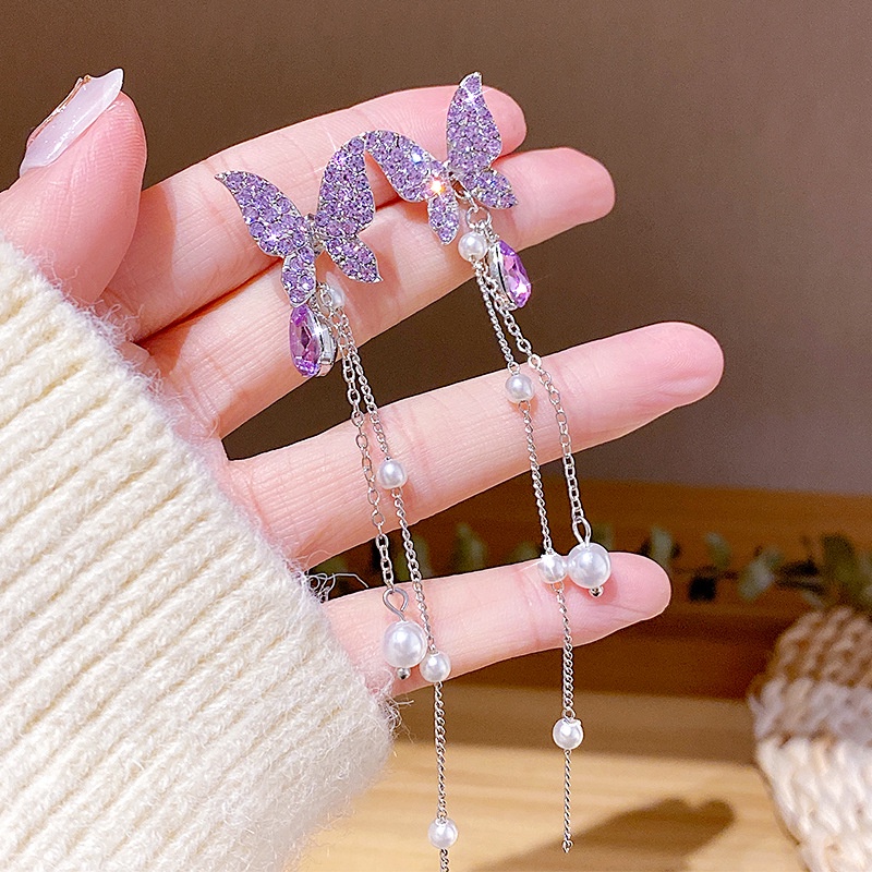 Khuyên Tai Dáng Dài Đính Đá Phối Tua Rua Hình Bướm Dễ Thương Phong Cách Hàn Quốc