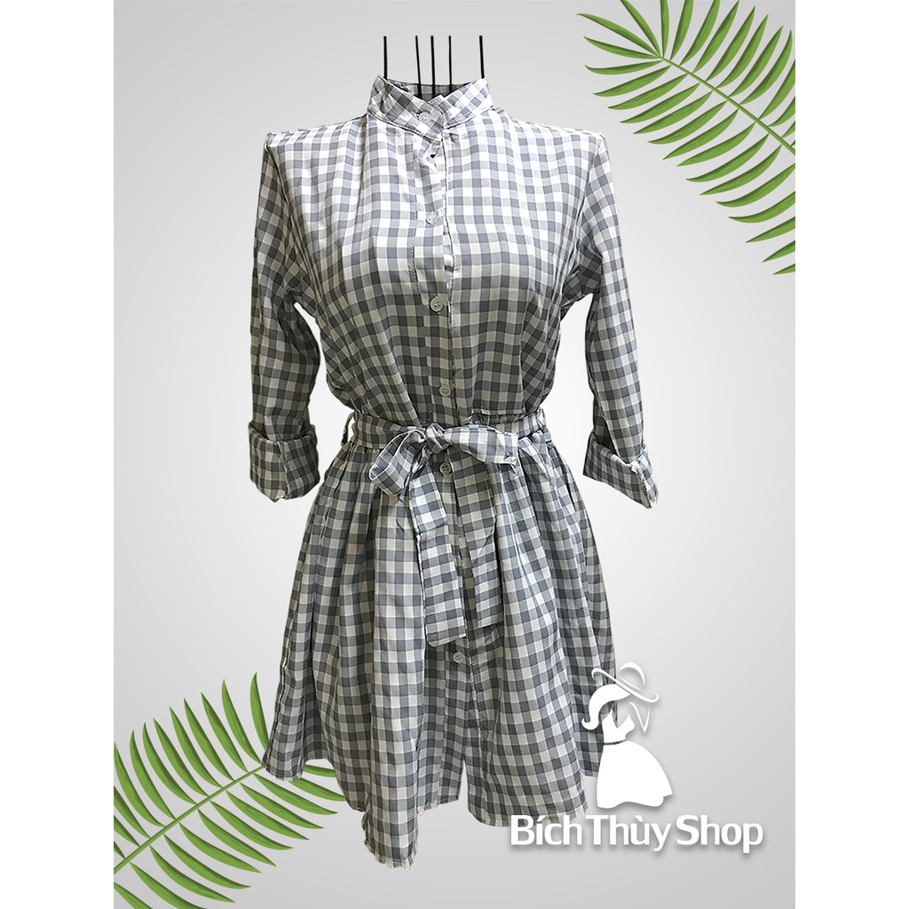 Đầm sơ mi caro tay dài thắt nơ thời trang dạo phố BTK21A