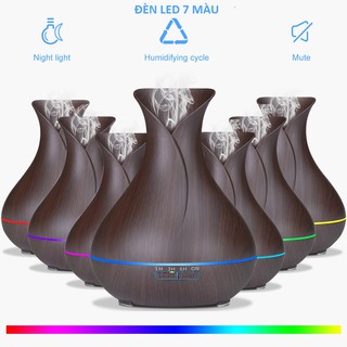 Máy xông tinh dầu MKT 1803, Bình Hoa Tulip vân gỗ, dung tích 550ML, có điều khiển, đèn LED 7 màu, tặng kèm 2 lọ tinh dầu