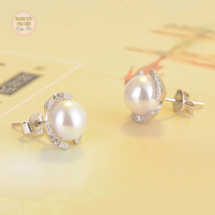 Hoa tai hạt châu hình hoa xinh xắn, bạc ý S925 HT204
