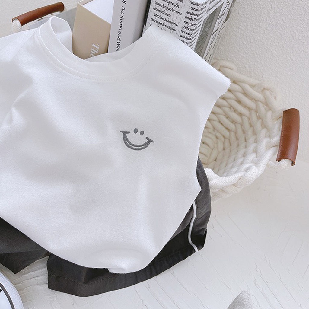 Đồ Bộ Bé Trai LILA KIDS, Bộ Sát Nách Thêu Miệng Cười Phối Quần Viền Cho Bé Từ 7-28kg