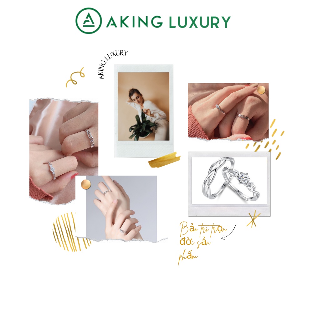 Nhẫn đôi AKING LUXURY AK03 cao cấp, nhẫn bạc nam trơn uốn lượn, nhẫn bạc nữ điểm xuyến đá tinh tế, mới nhất 2021