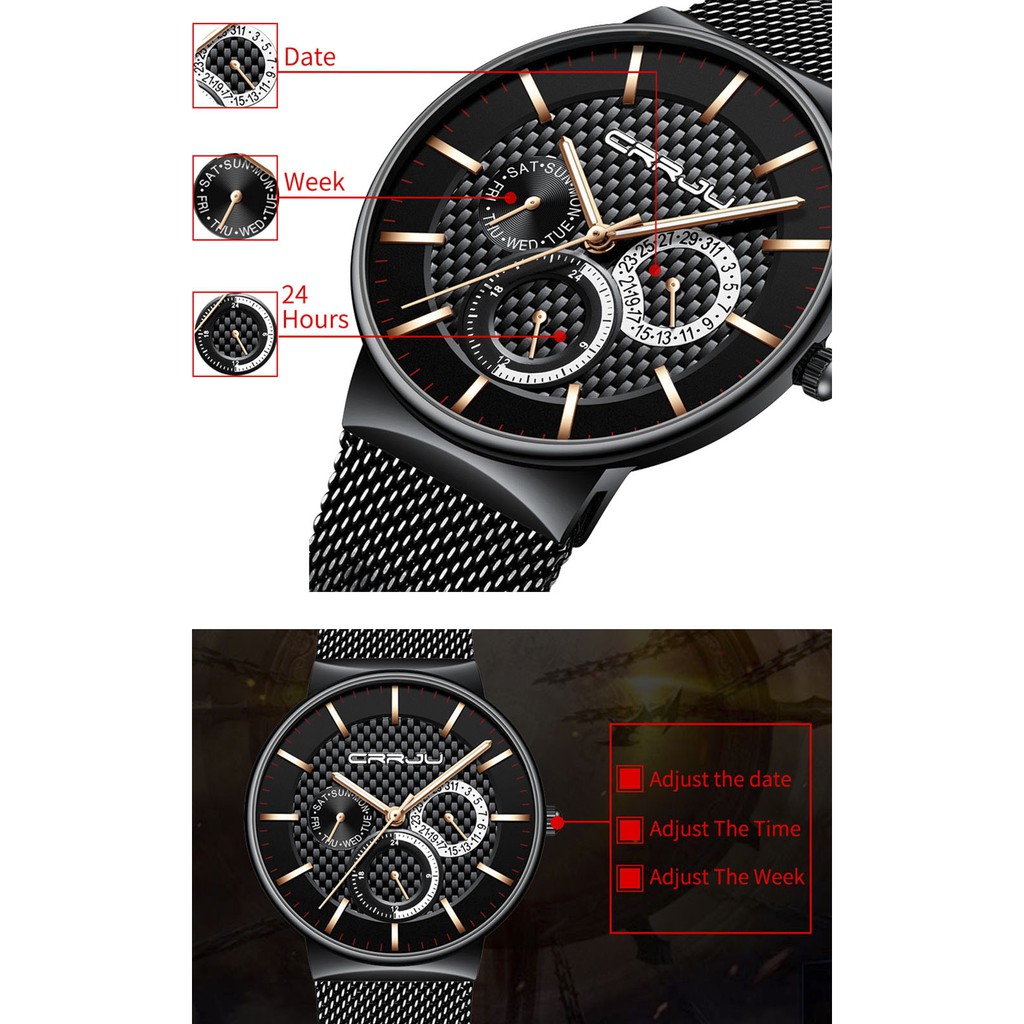 Đồng hồ đeo tay thạch anh CRRJU 2153 siêu mỏng chống thấm nước vói dây thép thời trang sang trọng cho nam