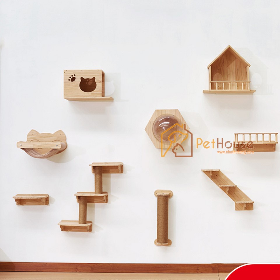 Khu vui chơi liên hoàn cho mèo 6 chi tiết chất liệu gỗ thông tự nhiên pethouse